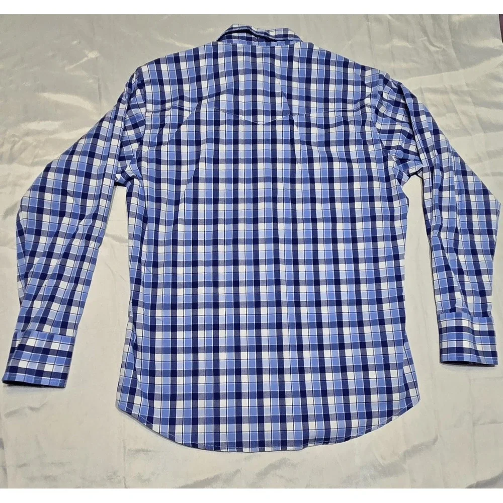 Wrangler Mens Large Pearl Snap Up Dress Shirt Blue Plaid Checker Western